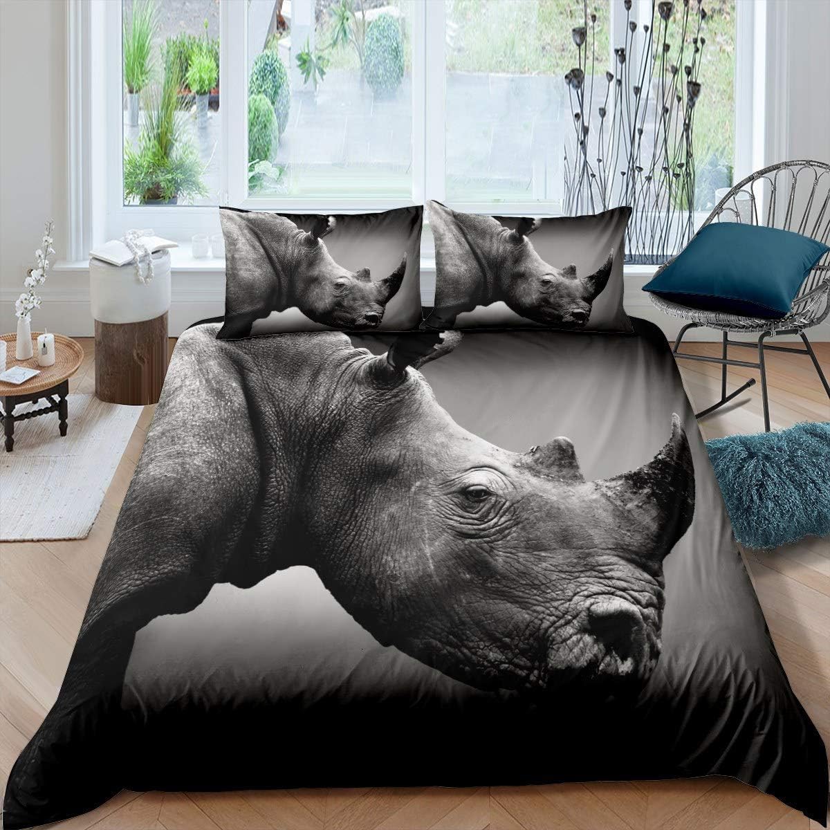 Luowenji Rhino Duvet Cover Double Bedding Sets Wild Animals Quilt Cove with Zipper Closure and 2 Pillowcases 50x75 cm, 3D Printed Soft Microfibre Bed Set a-2800
