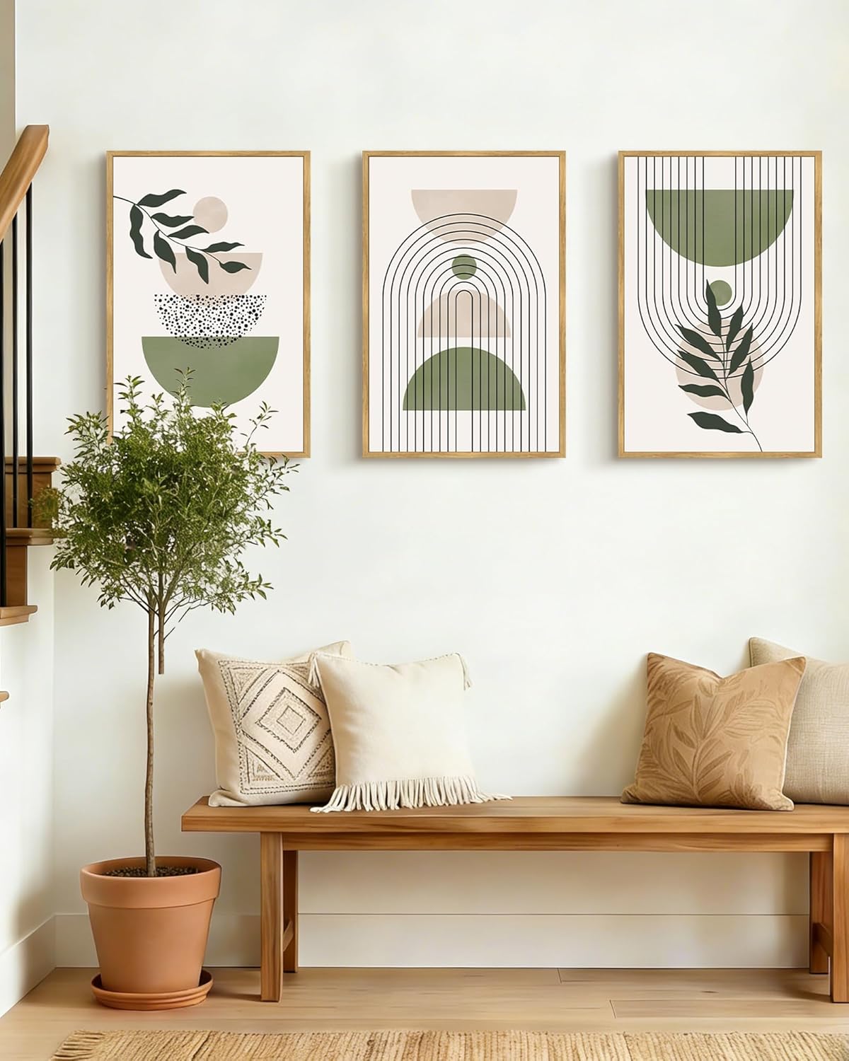 Drsoum Large 16x24in Green Botanical Boho Wall Art Framed Modern Sage Bohemian Wall Decor Abstract Geometry Lines Prints Ready to Hang Natural Framed