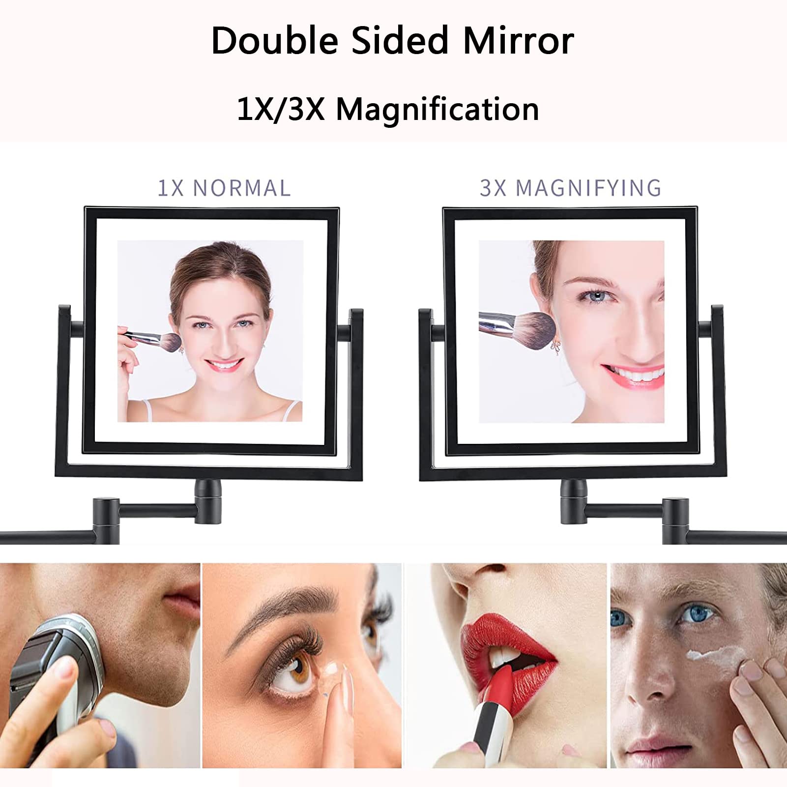 Espejo de maquillaje de doble cara montado en la pared con aumento de 1x/3x, espejo de tocador con lámpara extensible y giratorio de 360° para mujer