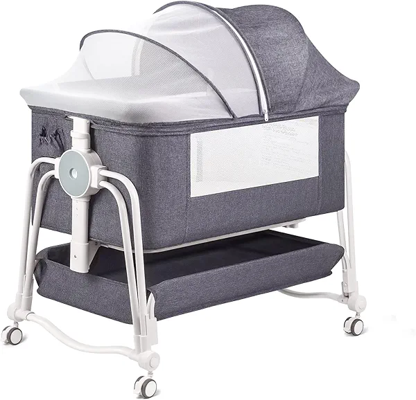 suihuooo 4 in 1 Baby Bassinet Bedside Sleeper, Rocking Baby Crib with Lockable Wheels, Storage, Mosquito Net and Matress Included, 7 Level Adjustable Bedside Bassinet for Baby Newborn(Gray)