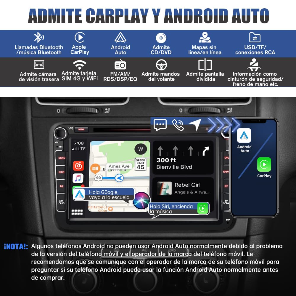 AWESAFE Android [4GB+64GB] Radio Coche admite SIM 4G con Pantalla 2 DIN CD/DVD para VW, Autoradio CarPlay/Android Auto para VW conBluetooth/RDS/USB/FM/SD/RCA, Admite Mandos del Volante y Aparcamiento