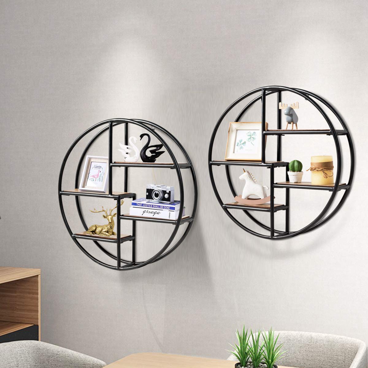 COSTWAY Wandregal Rund, Hängeregal mit 4 Böden, Metallregal Holz, kreisförmiges Bücherregal für Schlafzimmer, Wohnzimmer, Küche und Büro 55x55x11cm