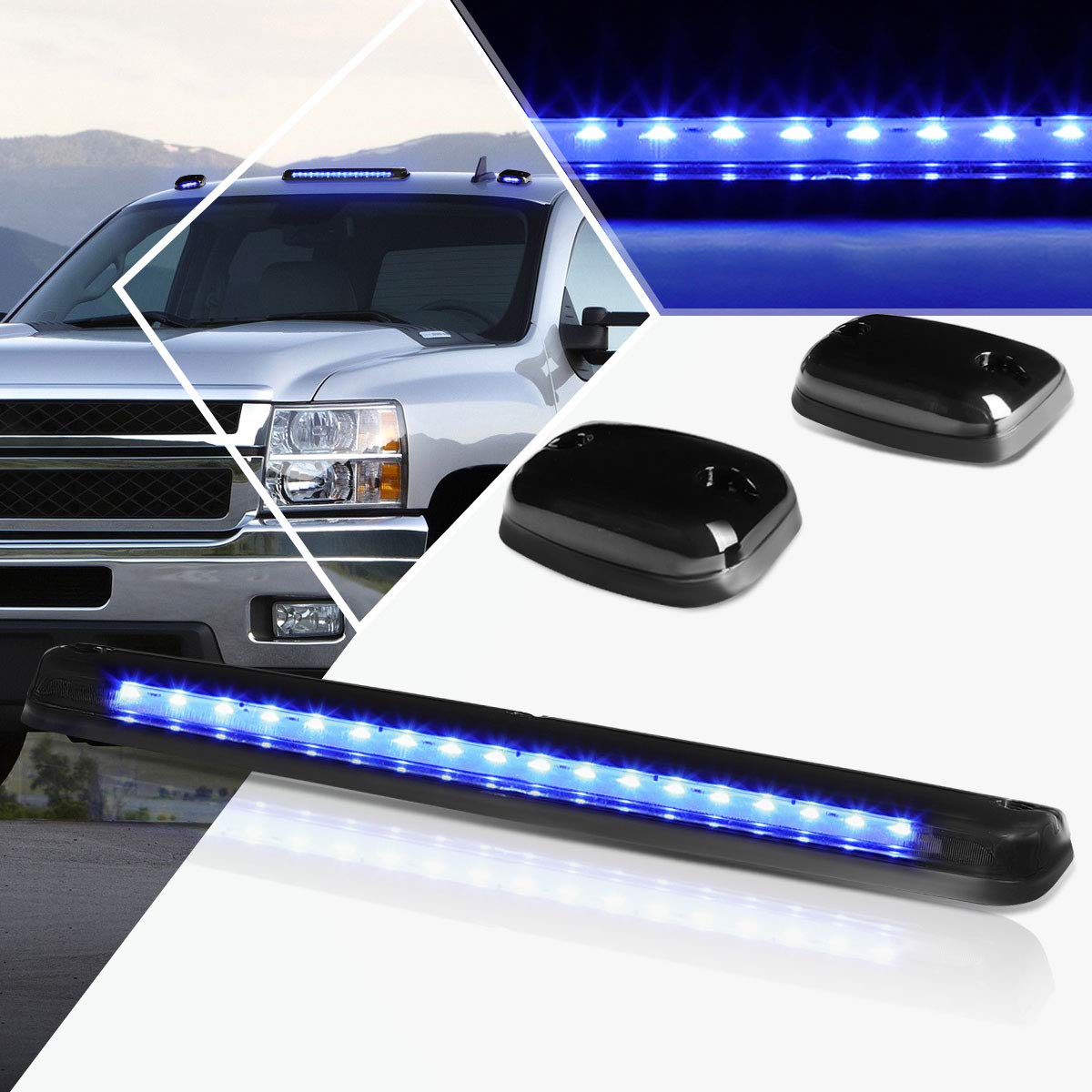 PM PERFORMOTOR 3Pcs Blue LED Cab Top Roof Running Lights Marker Lights Compatible with 07-13 Silverado Sierra,Smoked Housing