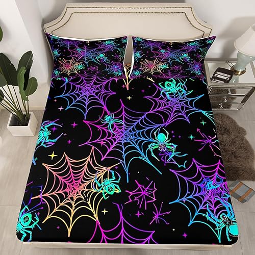 Miniatura 2 de Manfei Juego de sábanas de Halloween tamaño matrimonial, juego de sábanas de araña psicodélica, 4 piezas con sábana bajera de bolsillo profundo +