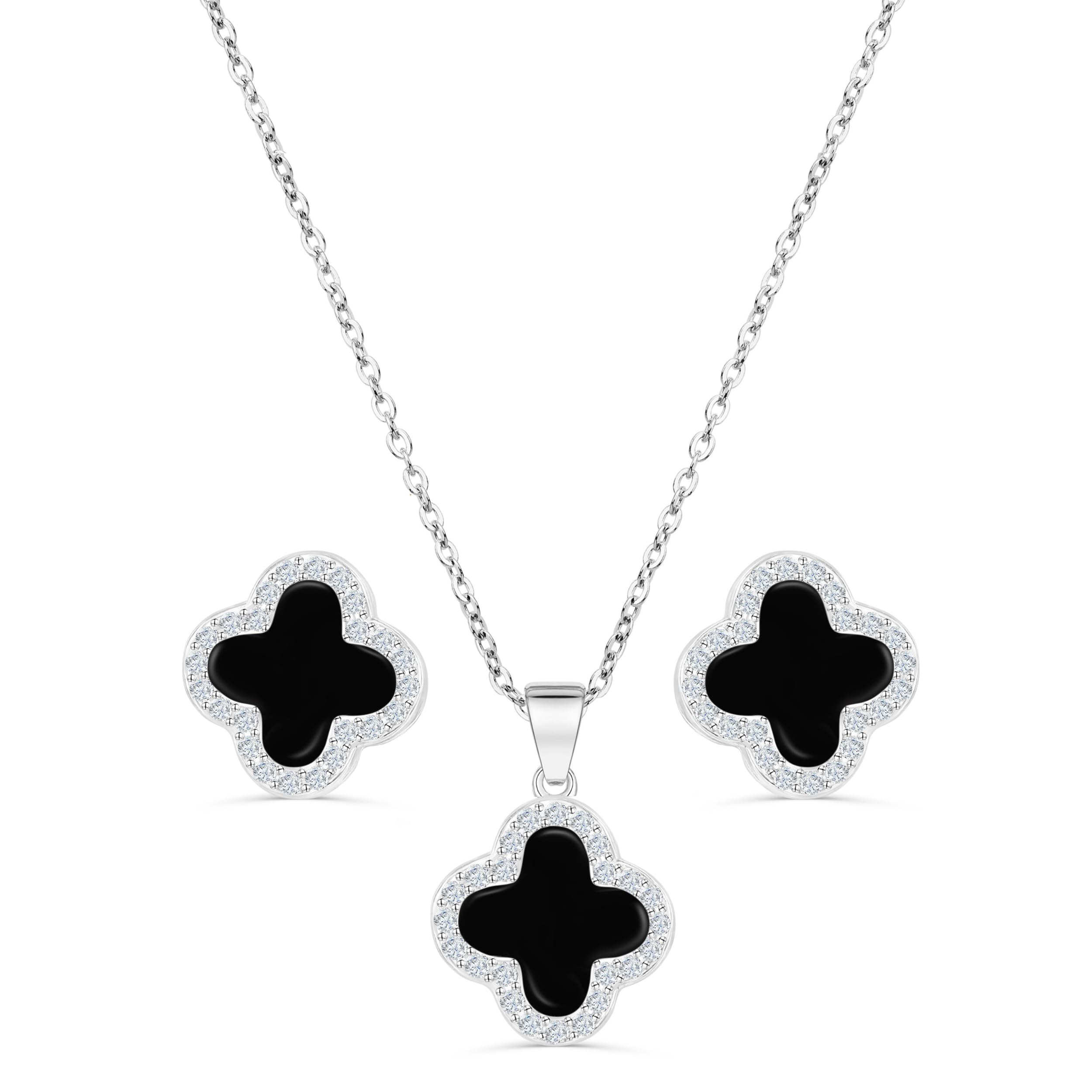 Four Leaf Crystal Clover Necklace Earring Set for Women | 18K Gold Plated Cubic Zirconia Bracelet | 4 Leaf Lucky Pendant and Ear Studs | Jewelry Gift