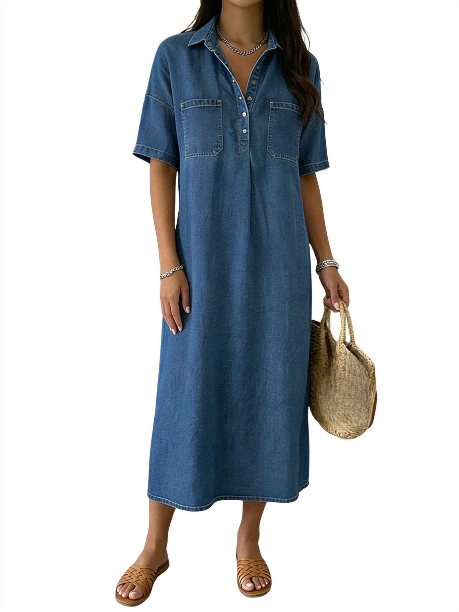 Vestido Vaquero Holgado de Verano para Mujer con Cuello en V y Botones; Vestido Vaquero Casual Holgado con Pliegues y Manga Corta