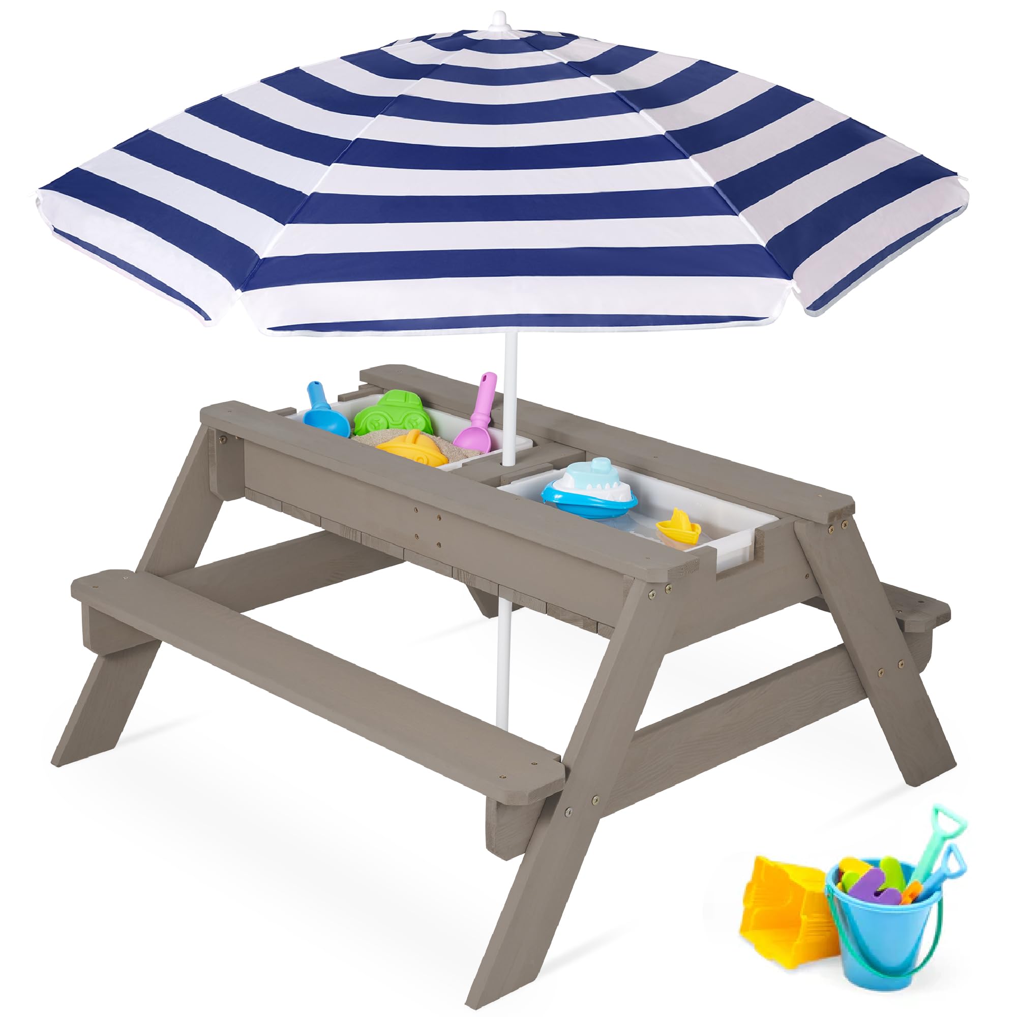 Best Choice Products Kids 3-in-1 Sand & Water Table, Wood Outdoor Convertible Picnic Table w/Umbrella, 2 Trays, Removable Top, 220lb Capacity Per Bench - Gray/Navy