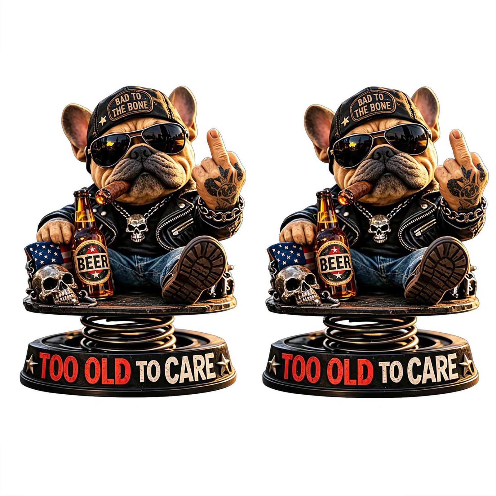 Too Old To Care Dashboard Bobblehead, Funny Resin Bulldog Nodding Head Dog Ornament, Car Dashboard Decor with Easy Placement and Stability, Bobble Head for Dog Lovers (2PCS)