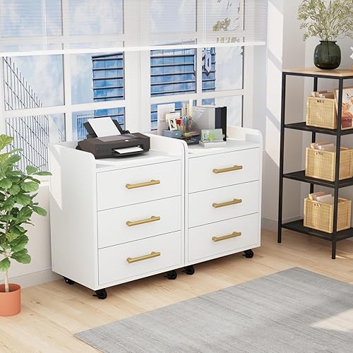 Miniatura 6 de AWQM Armario de oficina con 3 cajones, archivador móvil de 15.66 pulgadas de profundidad debajo de la mesa con mango dorado, 2 ruedas con bloqueo,