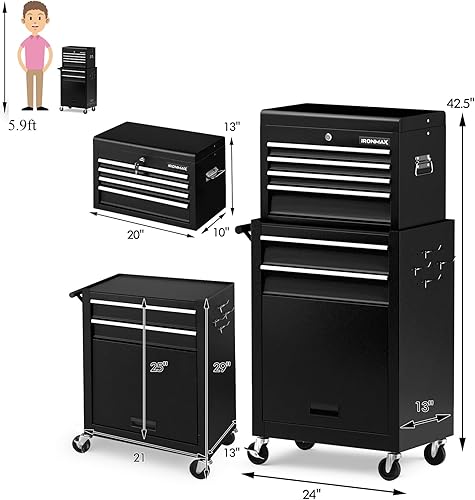 Miniatura 3 de IRONMAX Caja de herramientas rodante, armario de herramientas con cerradura de 6 cajones con 4 ruedas universales, caja de herramientas desmontable