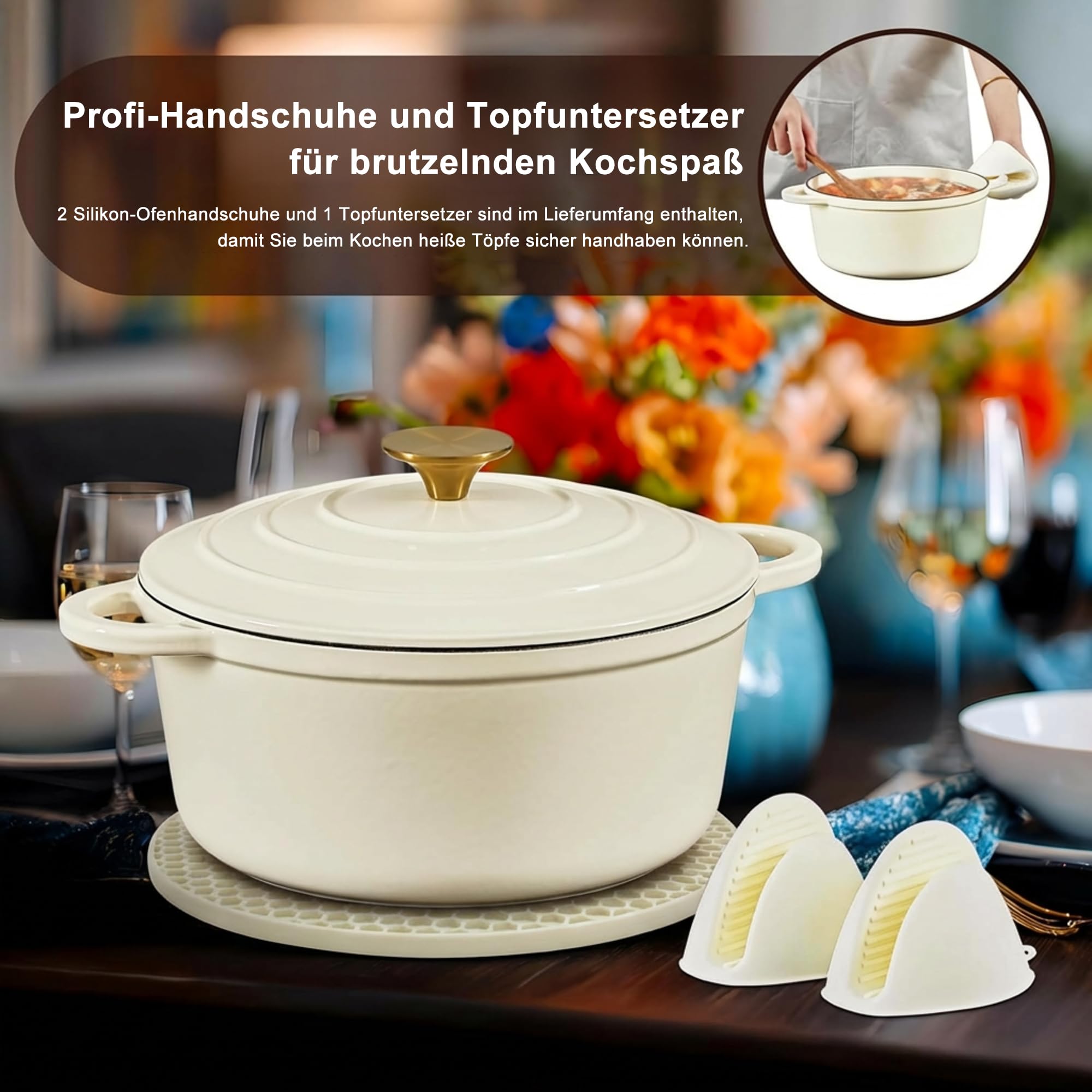 Nilpferd Gusseisen Topf Schmortopf 24cm Emaille Bräter mit Deckel Topflappen, Kasserollen Bratentopf brot backen für Schmoren Braten Incl.1 Paar Silikon Ofenhandschuhe&Topfuntersetzer (Cremeweiß, 4L)