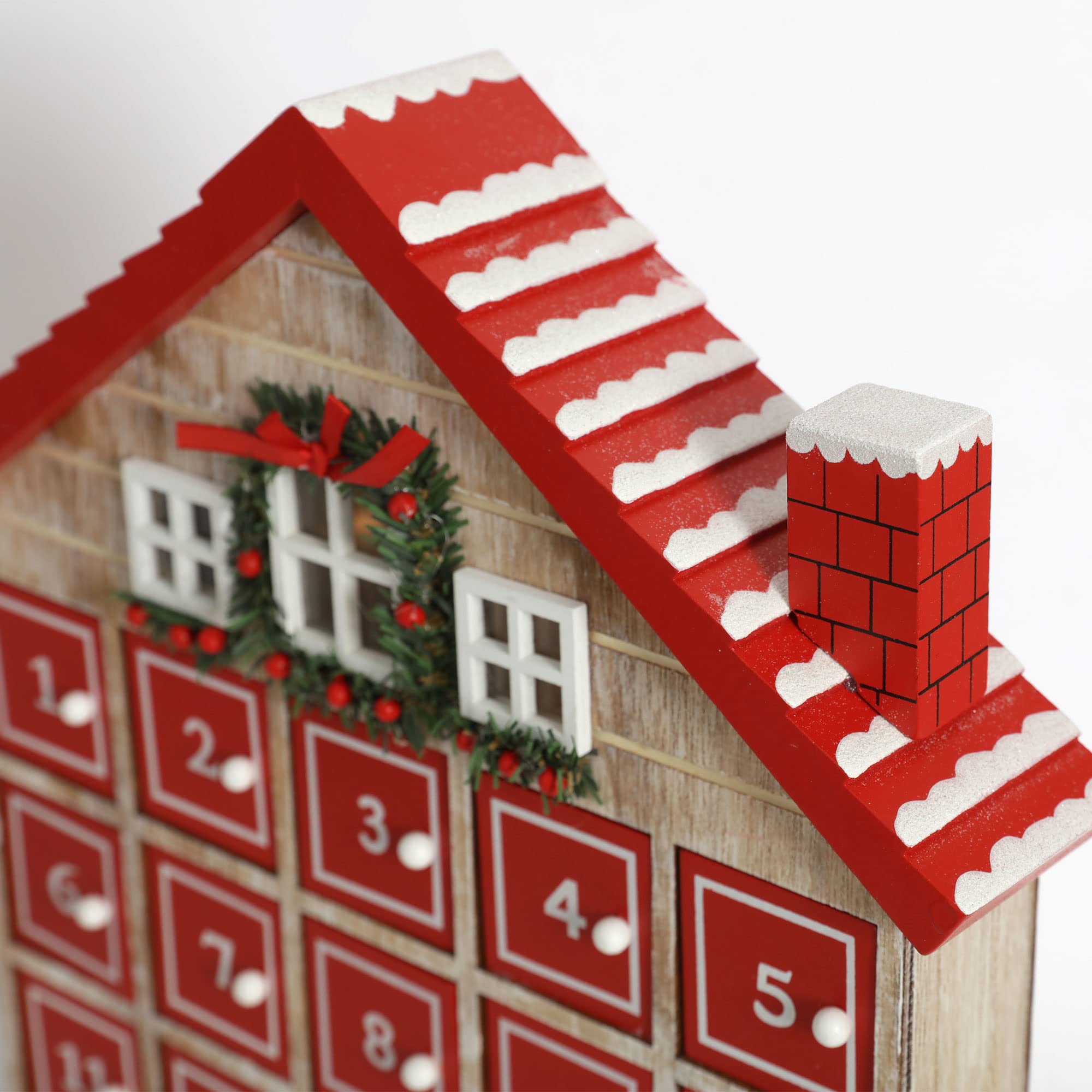 Calendrier de l'Avent en bois PE Maison de Noël rouge avec 24 tiroirs de rangement Organisateur de cadeaux avec éclairage LED Décoration de Noël