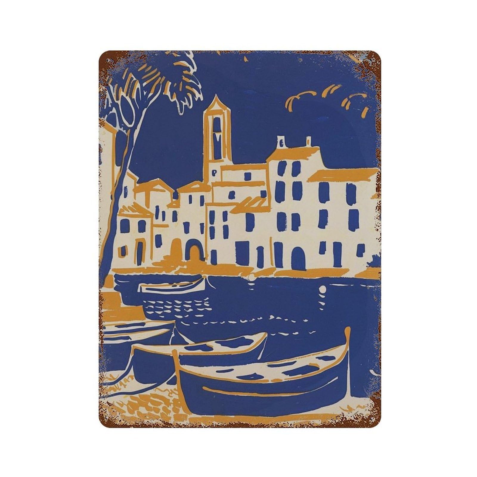 xiaoxiaoshen Mediterranean Village Coastal Boat Blue And Yellow Seaside European Travel Work Wall Decor Art Metal Tin Poster Modern Home Decor Art Home Bar Shop Decorations Vintage Sign 40x30cm