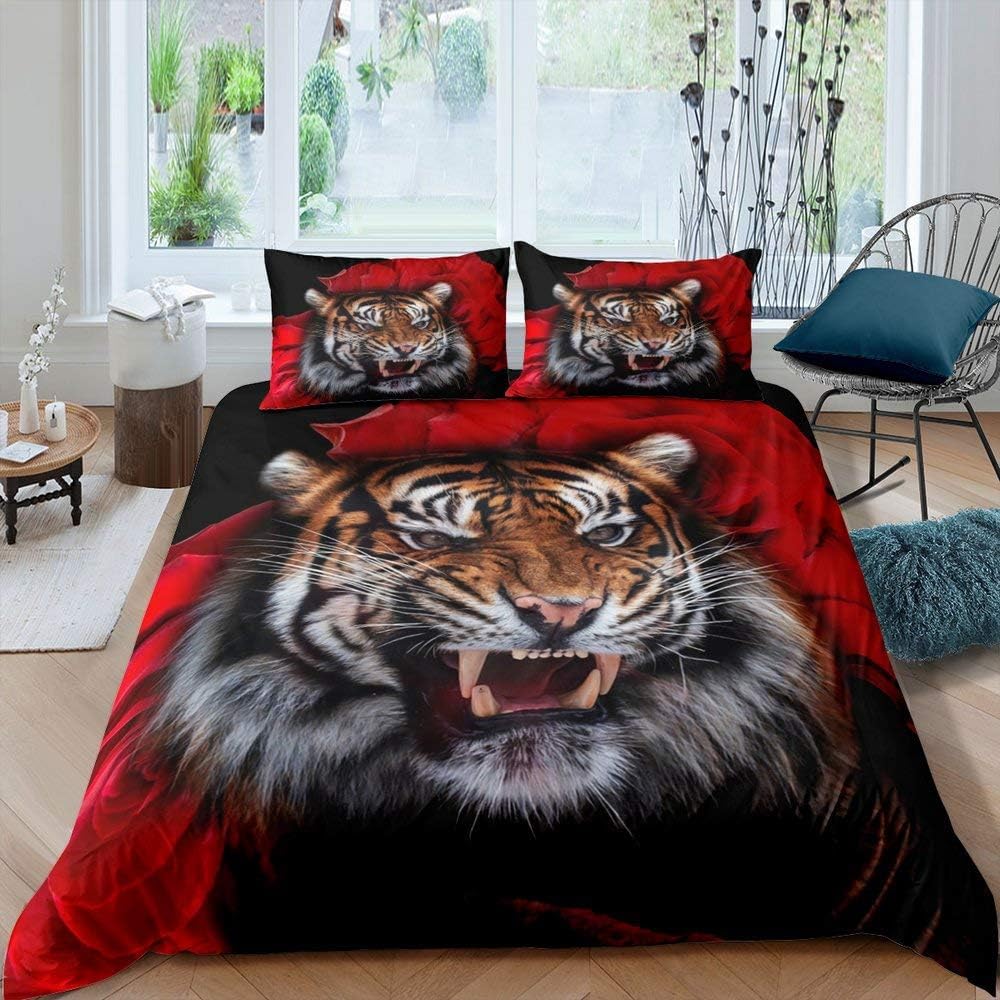Housse de couette enfant rose fleur motif tigre 3D imprimé