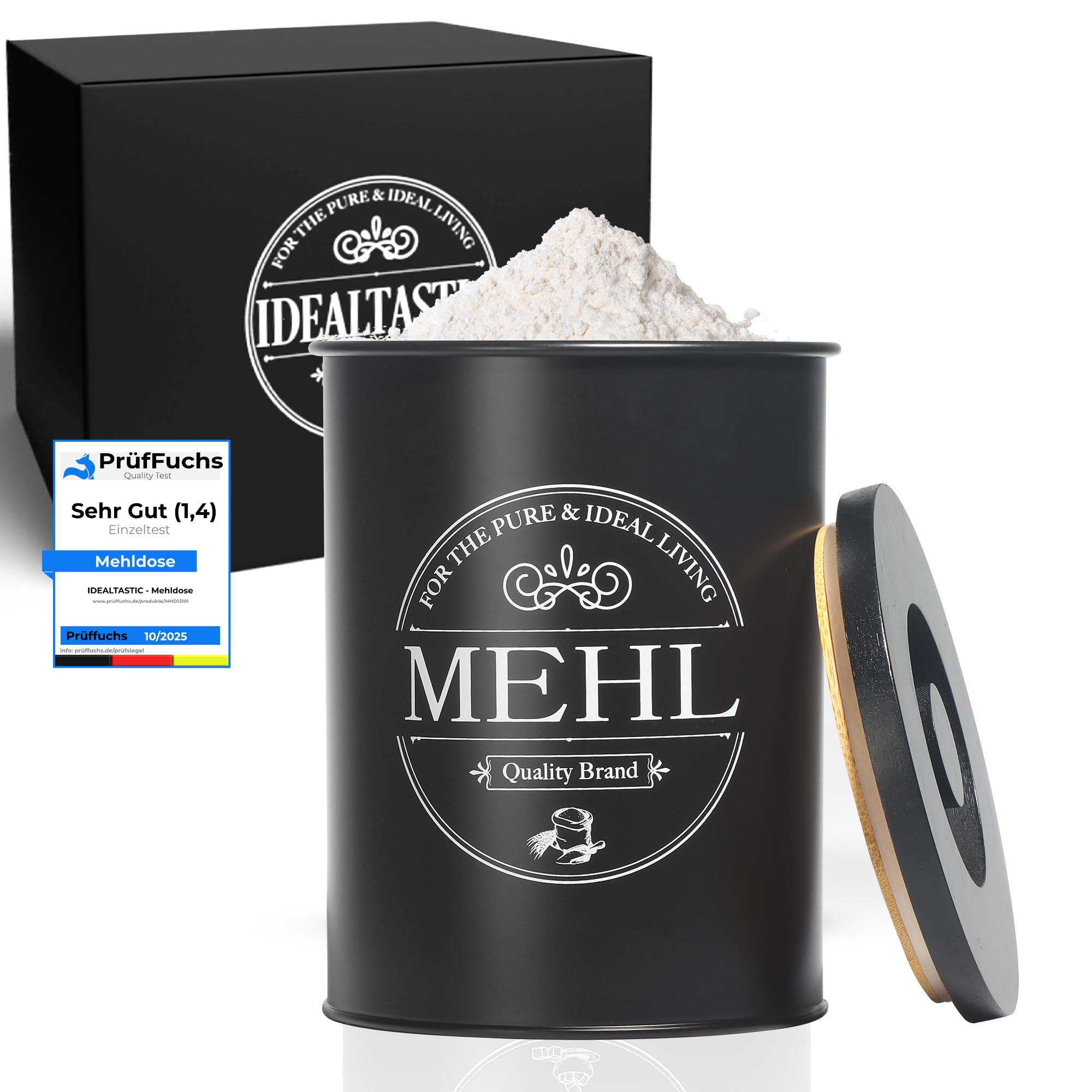 IDEALTASTIC® Premium Mehl Aufbewahrung schwarz, Luftdichte Mehldose 500g für die Küche I Robuster Mehlbehälter mit zeitsparendem Deckel,