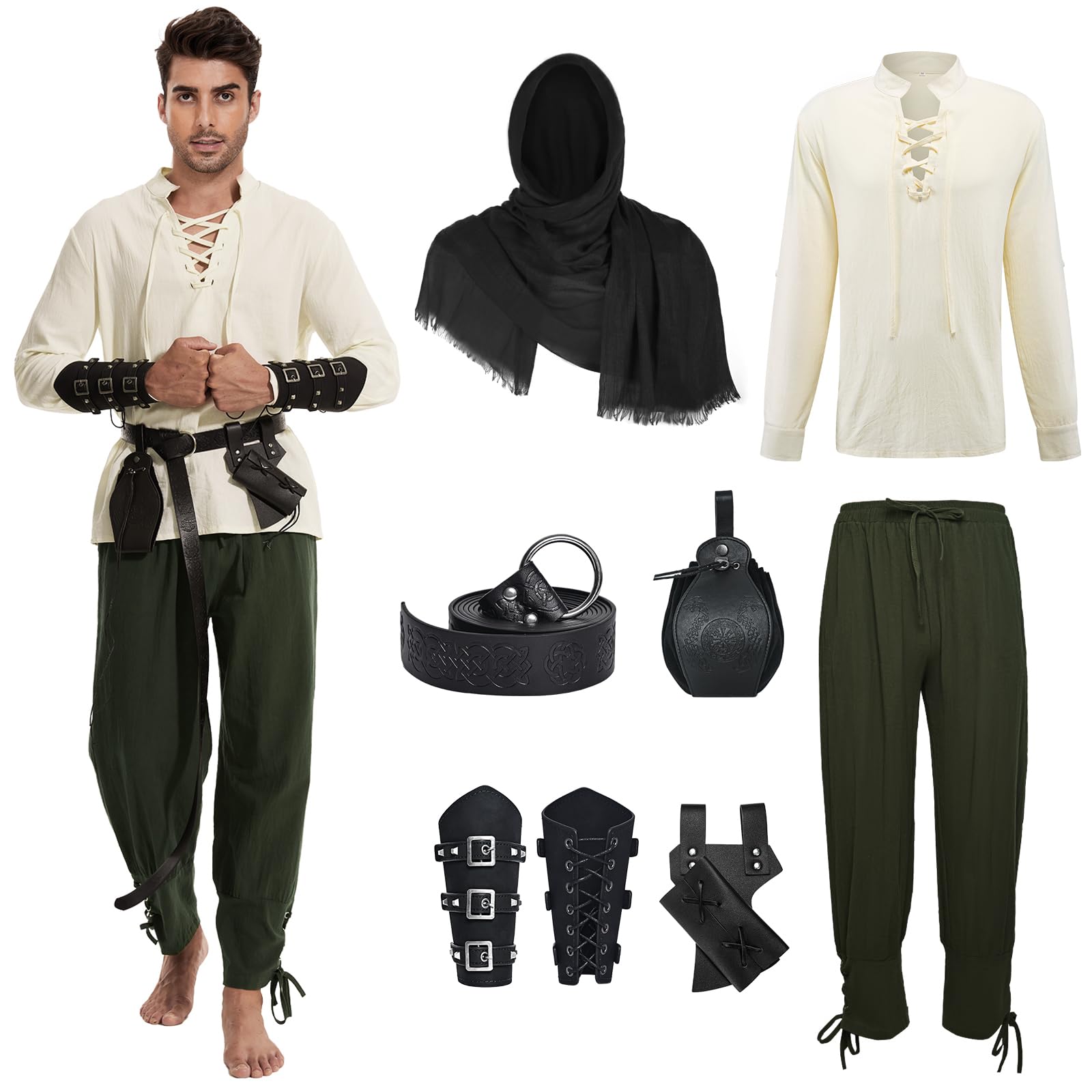 Ropa medieval para hombre, 7 piezas, disfraz renacentista, disfraz medieval vikingo con camisa pirata, pantalones largos, cinturón, correa para la muñeca