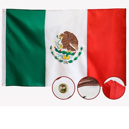Mexico Flag 3x5 Outdoor Mexican Flags Embroidered, Heavy Duty 210D Nylon,Sewn Stripes, Stronger Brass Grommets,4 Stitched Hemming,Perfect for Outside - Mexico Flag