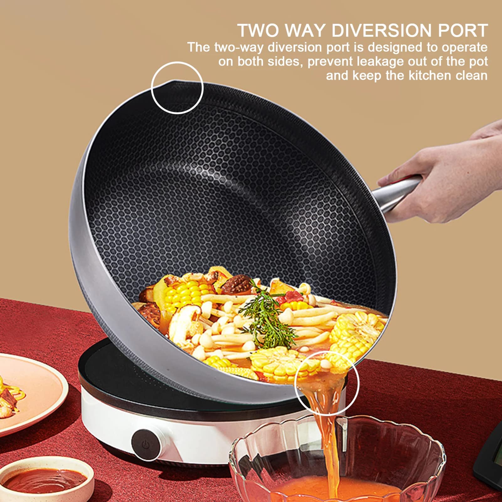 Wok Padella Antiaderenti, Multifunzione e AntiGraffio Wok Teglie, Wok Pentola per Friggere Facile da Pulire per Fornelli a Gas a Induzione Elettrica Forno (A 26cm)
