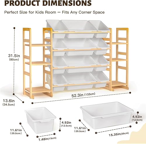 Miniatura 2 de Organizador de almacenamiento de juguetes de madera con 6 estantes y 12 contenedores, organizador de juguetes para niños, estante de juguetes para