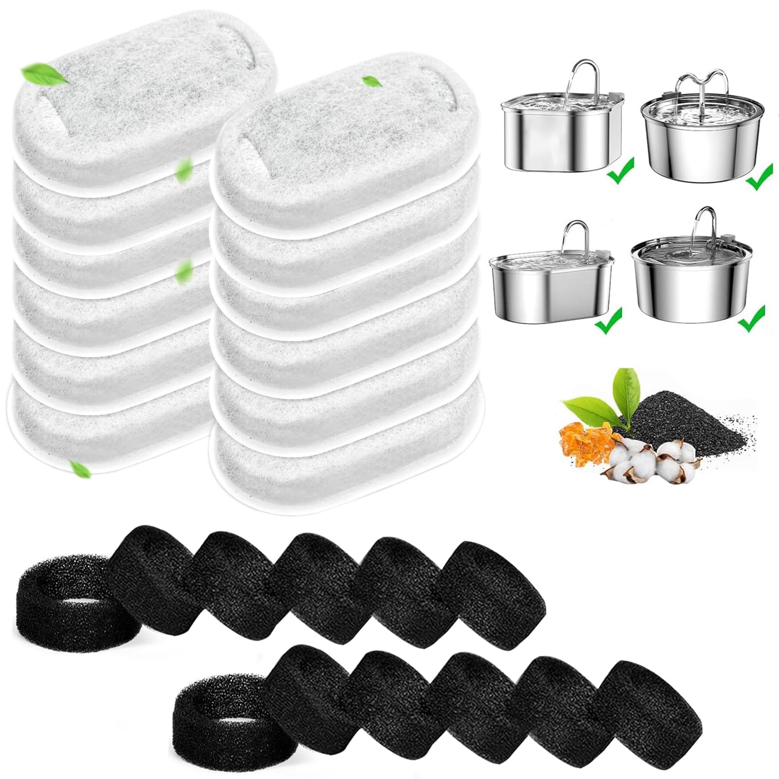 24 Pcs Cat Water Fountain Filters, 12 Pcs Activated Carbon Filter and 12 Pcs Foam Filter, Pet Water Fountain Filters Replacement for 3.2L/2L (108oz/67oz)