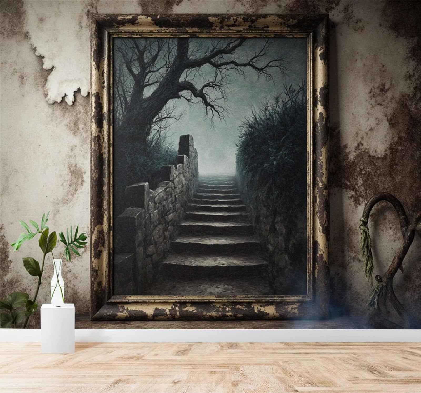 Xlming 400Cm×280Cm(B×H) Vintage Bare Trees Misty Path Haze Stone Steps 3D Wallpaper Silky Texture Home Study Office Grey Dining Room Sofa Bedroom Living Room Tv Backdrop-400Cm×280Cm