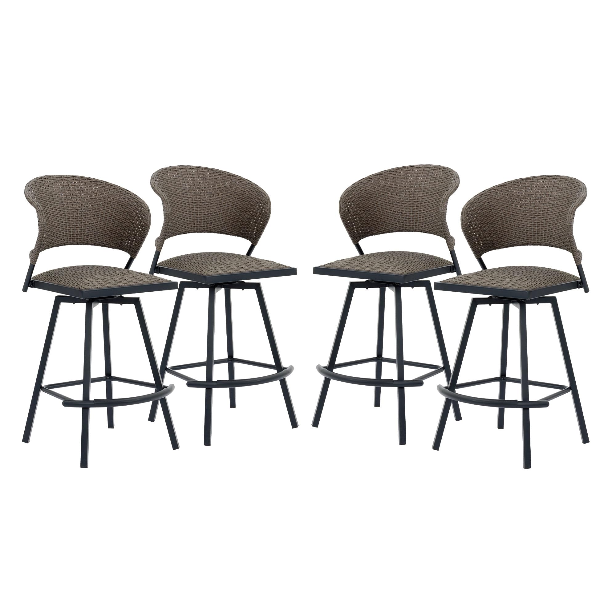 VICLLAX 4 Pieces Outdoor Swivel Bar Stool Set, Patio Bar Chairs Metal Counter Height Bar Stools Wicker Barstools for Front Porch Deck Balcony, Brown