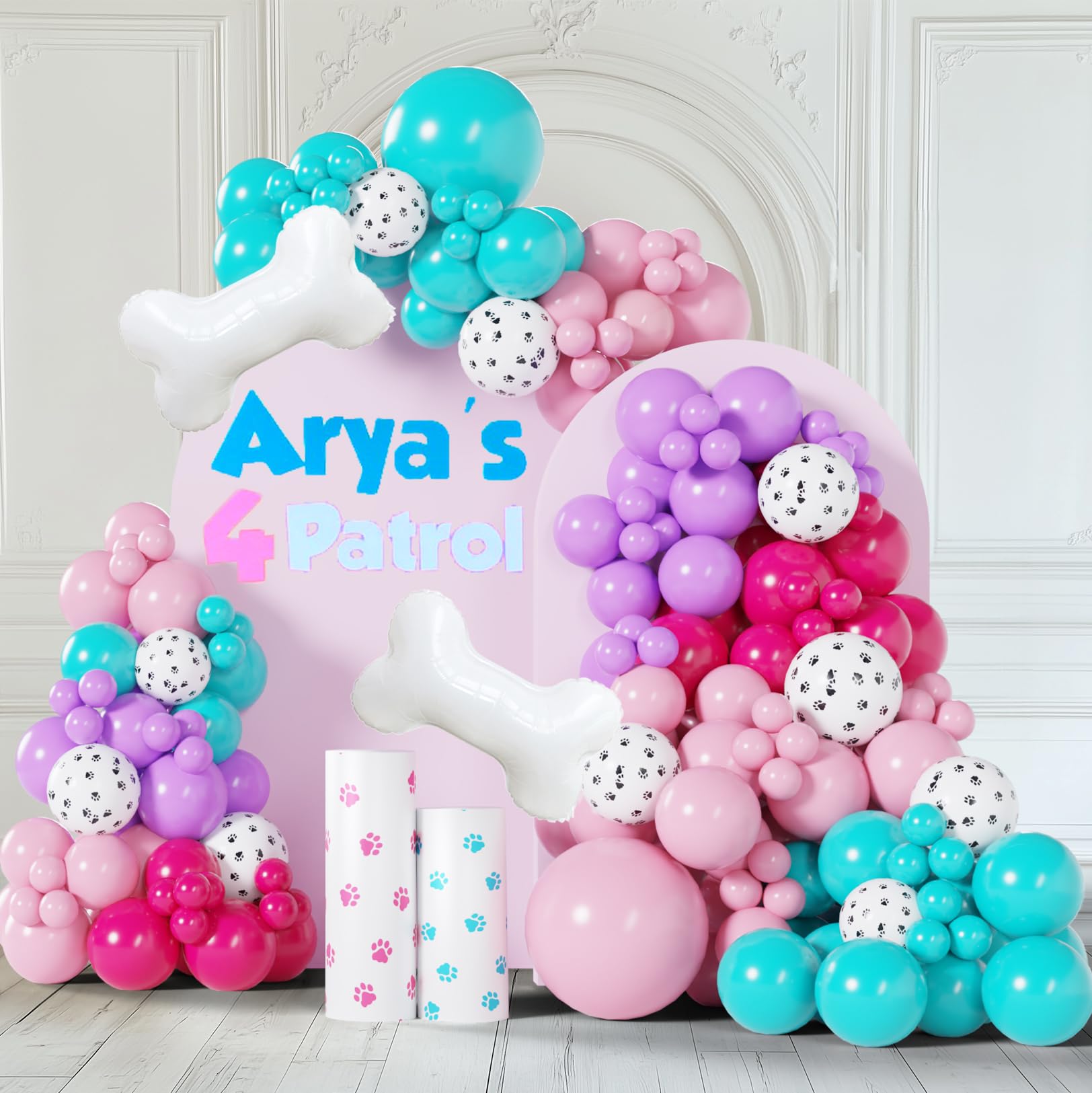 ECEAE 127Pcs Dog Paw Balloon Arch Garland Kit with Bone and Paw Print Balloons – Pink, Purple, and Teal Blue Decorations for Puppy-Themed Birthday
