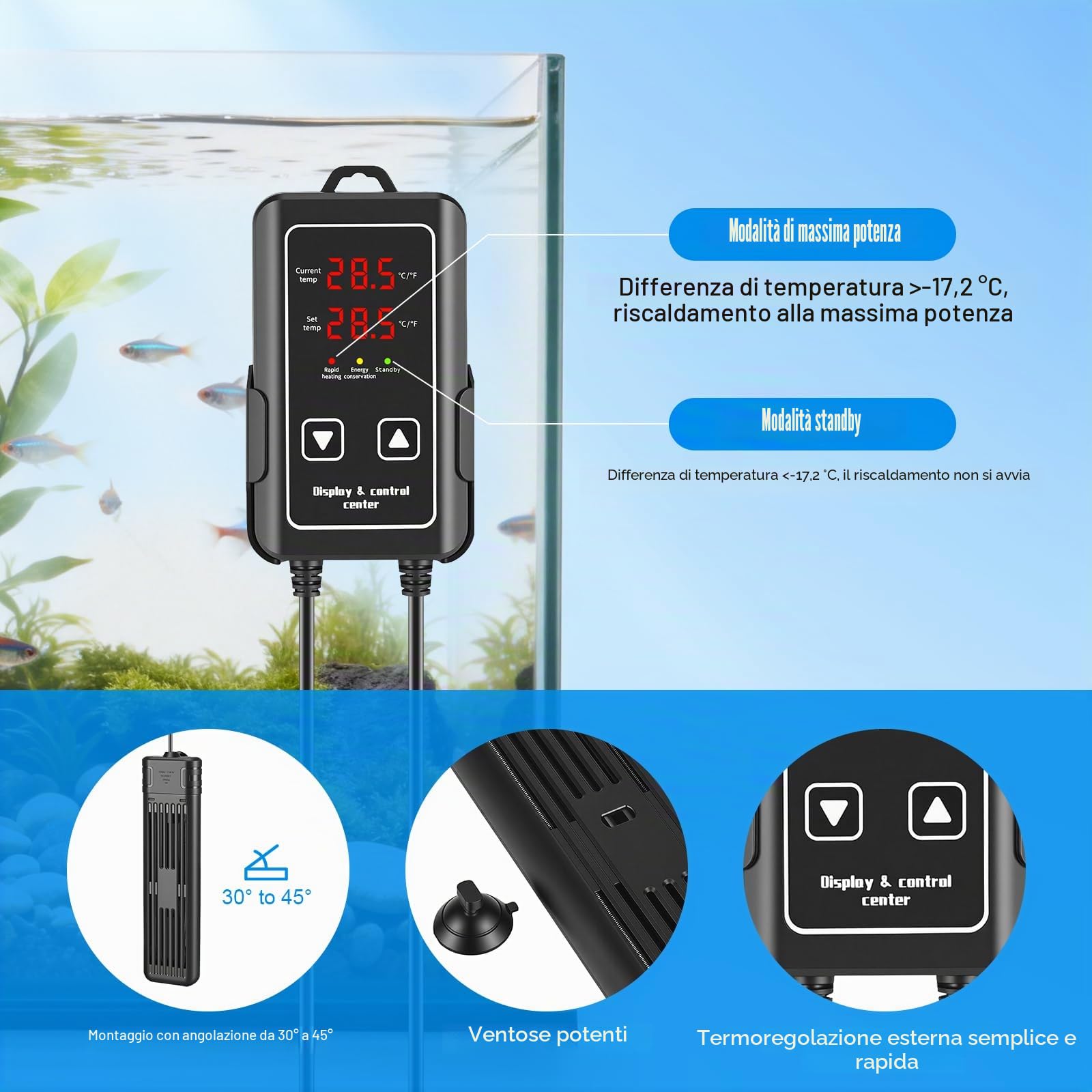 Riscaldatore per Acquario 600W Regolabile, Barra Riscaldante con Display Digitale a LED Esterno, Controller LED, Protezione da Sovratemperatura, Termostato per Acquari Dolce e Salato da 250L a 400L