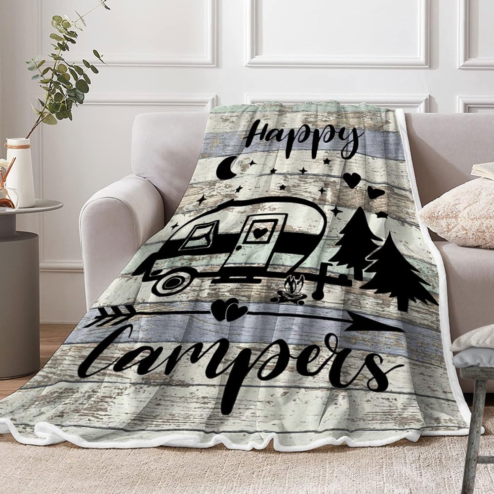 Camper Throw Blankets, RV Camper Accessories for Travel Trailers, Flannel Camping Soft Warm Cozy Throws Cover for Couch Chair Sofa Bed Outdoor Inside Beach Travel Decor 50"x60"inch (happer Camper)