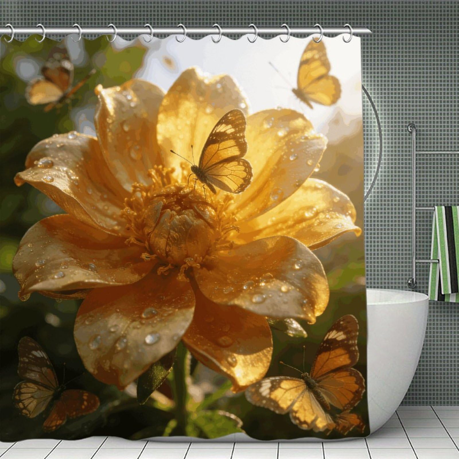 VstaDank Golden Bloom Shower Curtain Light-Weight Blackout Bathroom Curtain Washable Shower Liner 71x71 Inch Bath Curtain with Metal Holes Bathtub Bath Room
