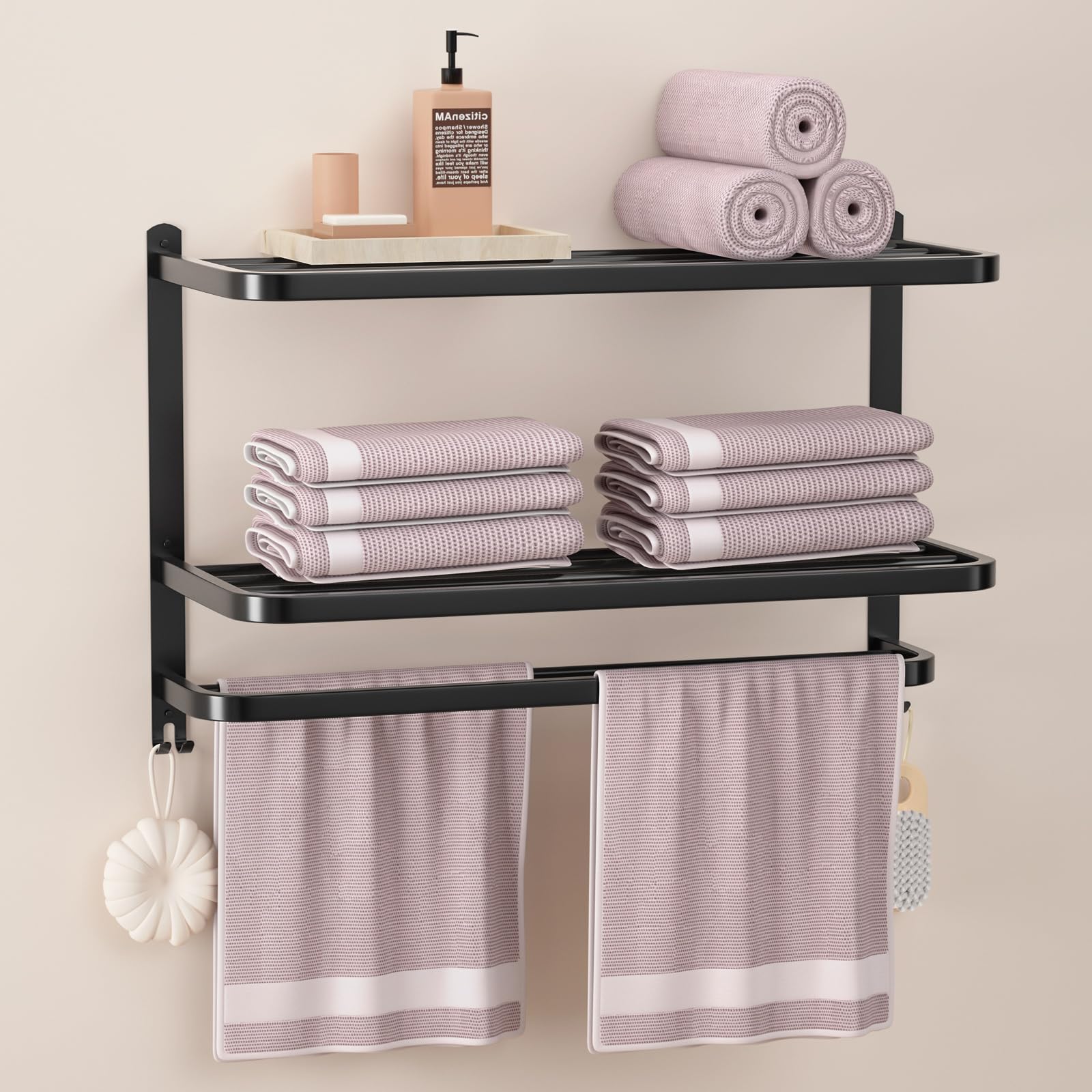 DDS-DUDES 3-Tier Black Towel Racks for Bathroom with Towel Bars Multilayer Hotel Towel Shelf Stainless Steel Wall-Mounted Matte Finished Holder with Towel Shelves 23 Inches