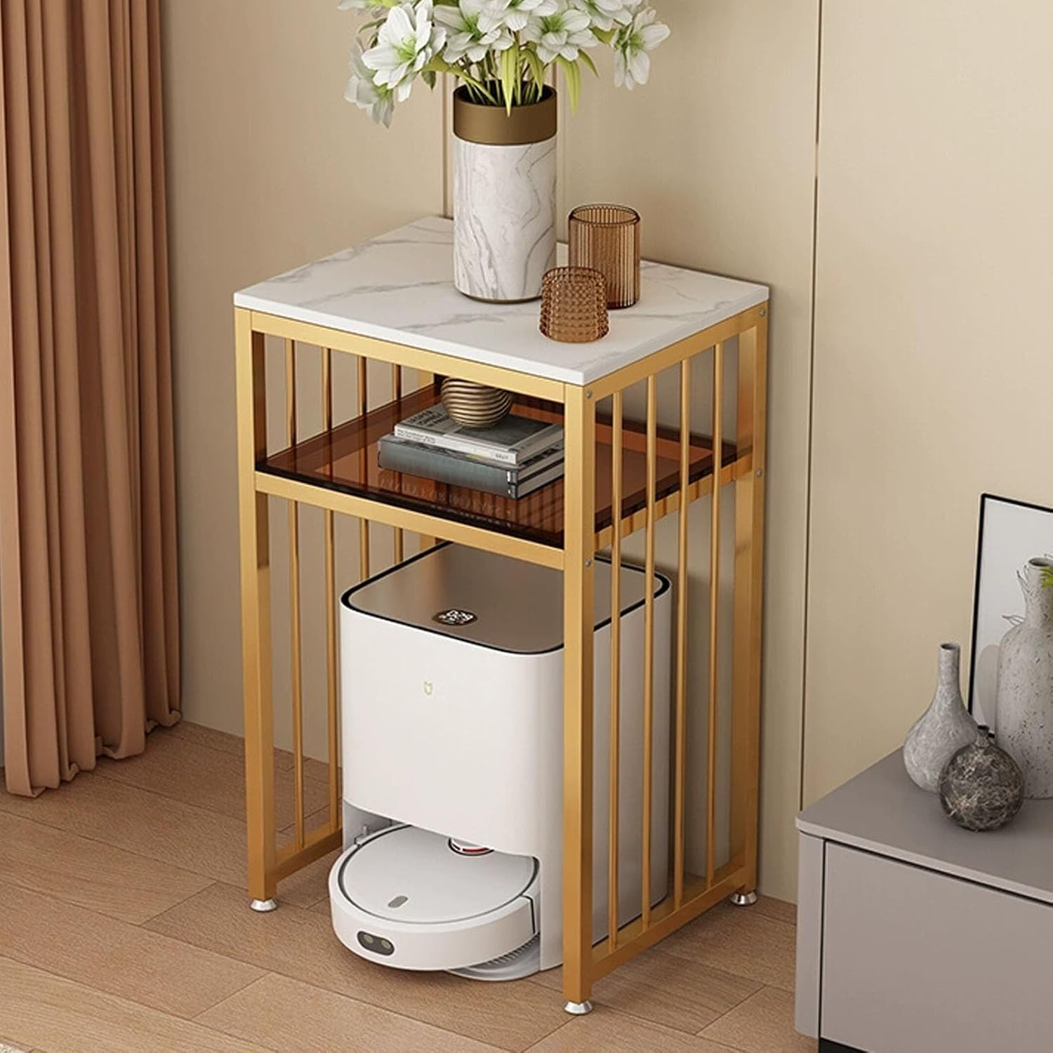 JKGHK Robot Sweeping Vacuum Stand Cabinet, 2-Tier Sweeping Robot Storage Rack, Metal Standing Storage Rack Side Table with Glass Shelves, for Living Room, Home Office(Gold+White,51cm/20in)