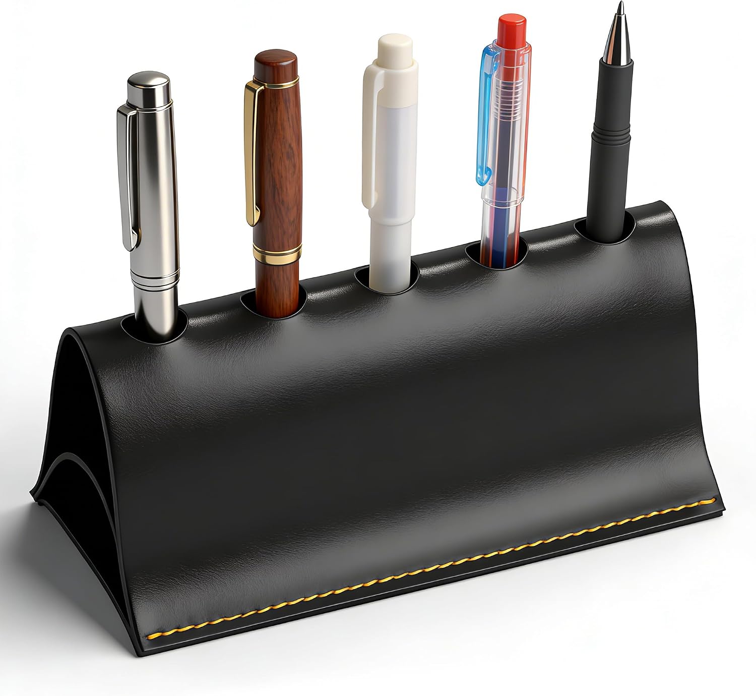 Pen Holder for Desk, Vegan Leather Pencil Holder Stand Display Rack with 5 Slots, Portable Pen Organizer for Office (Black)