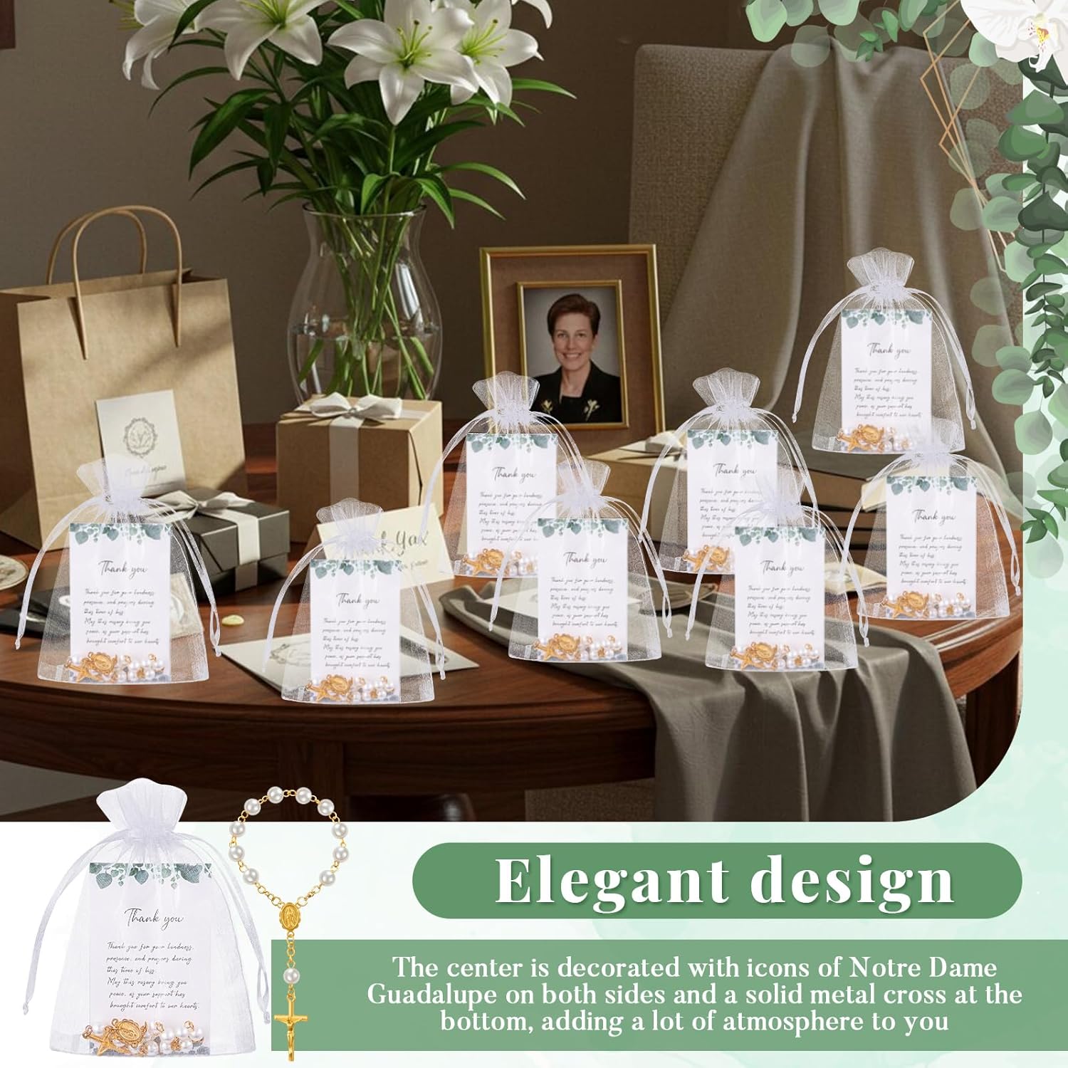Quelay 100 Sets Funeral Favors for Guests, Mini Rosary Organza Bags Sympathy Thank You Cards Celebration of Life Favors for Memorial Party Supplies Funeral Guest Return Gifts