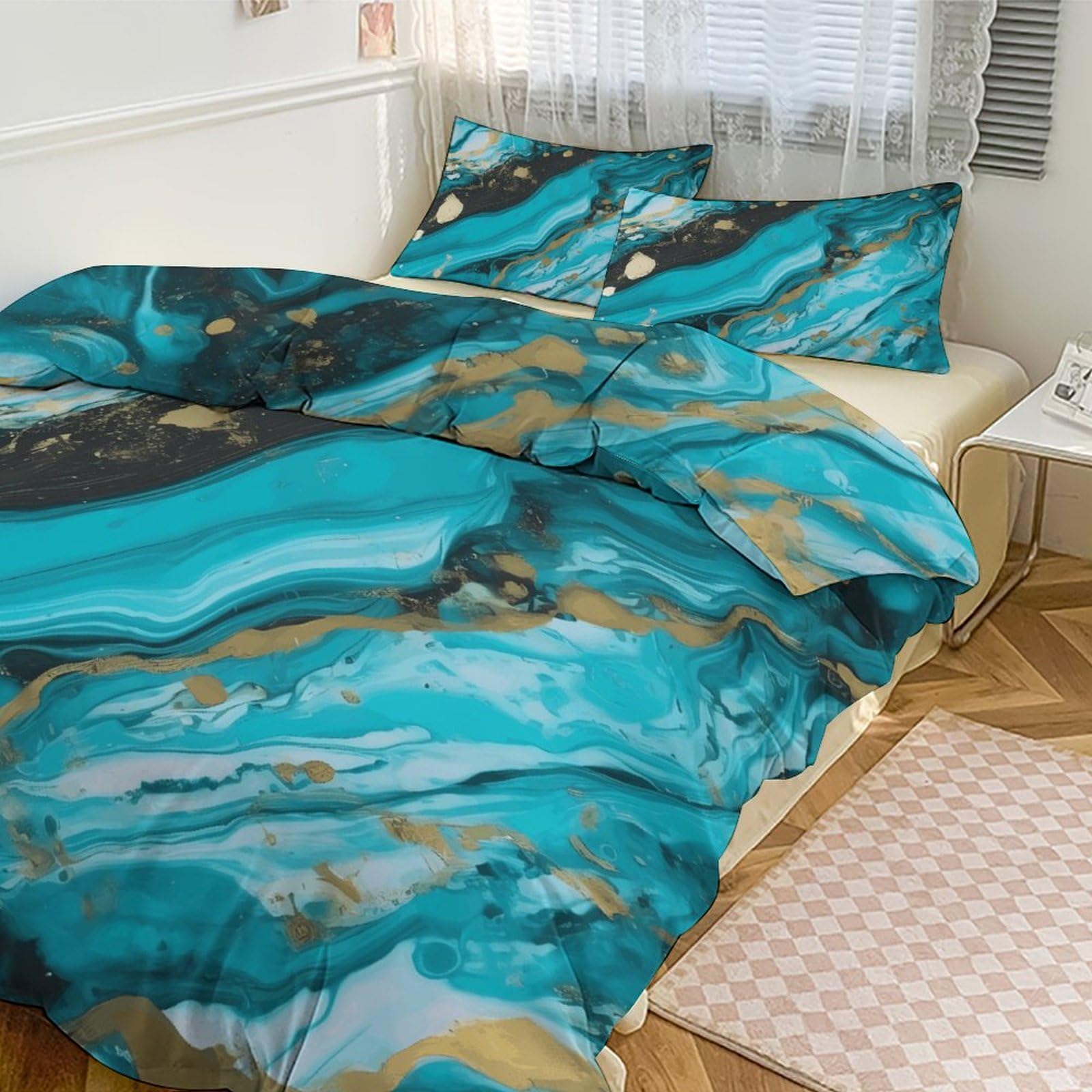 Housse de couette pour grand lit 259x228 parure de lit marbre bleu or 3 pièces