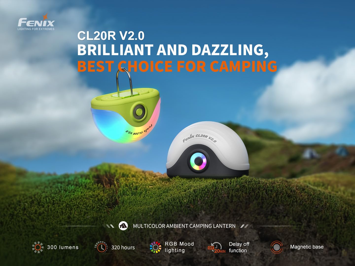 Fenix CL20R V2 Camping-Laterne, 300 Lumen, 12 m Radius, max. 320 Stunden, mehrere Farbmodi, Rot, RGB-Chase, RGB-Fluss, magnetische und Hakenhalterungen, IP65, Mitternachtsschwarz