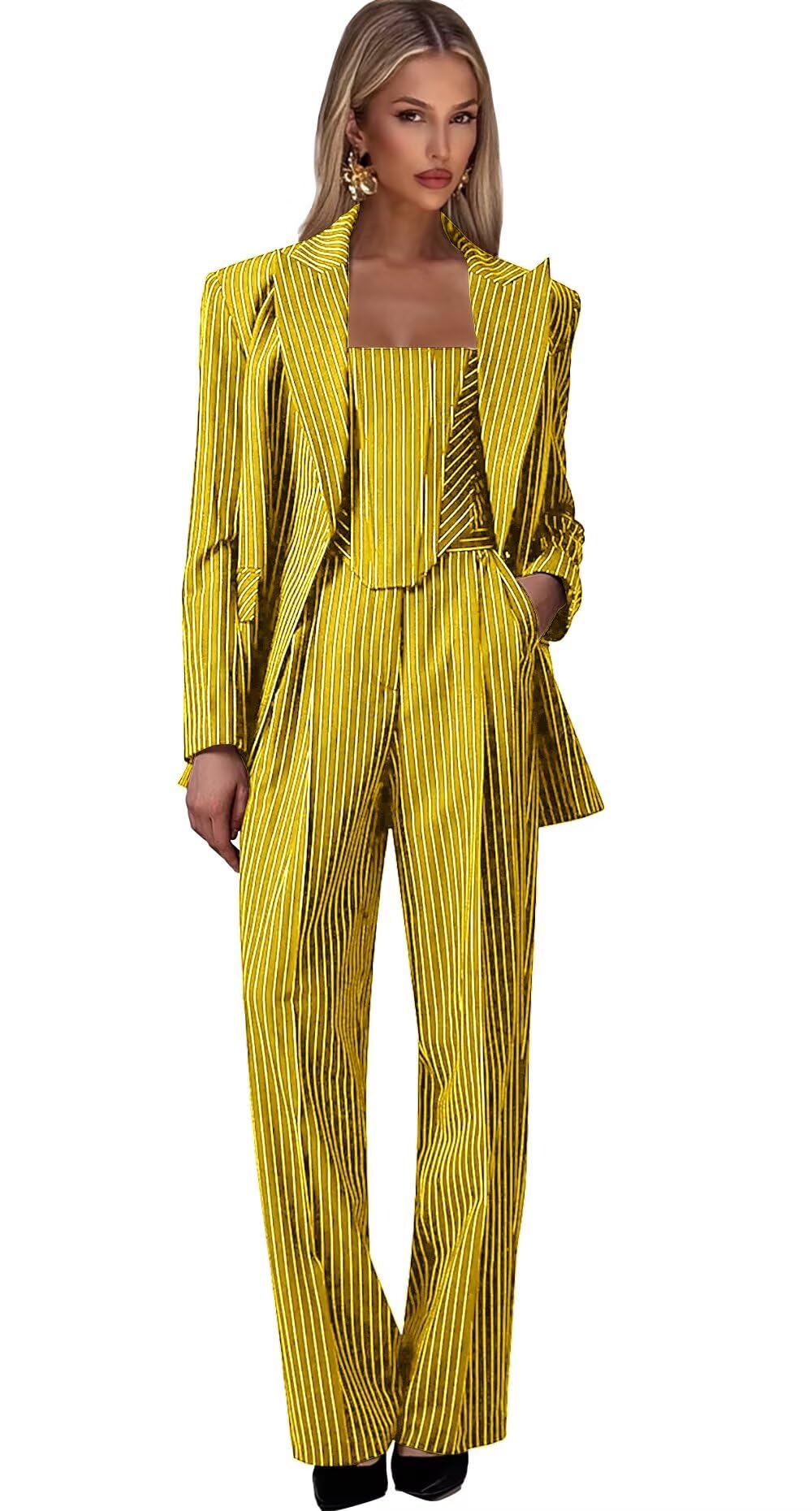 Formal Pants Suits for Women Dressy 3 Piece Womens Suit Stripe Business Spaghetti Straps Blazer Vest Top and