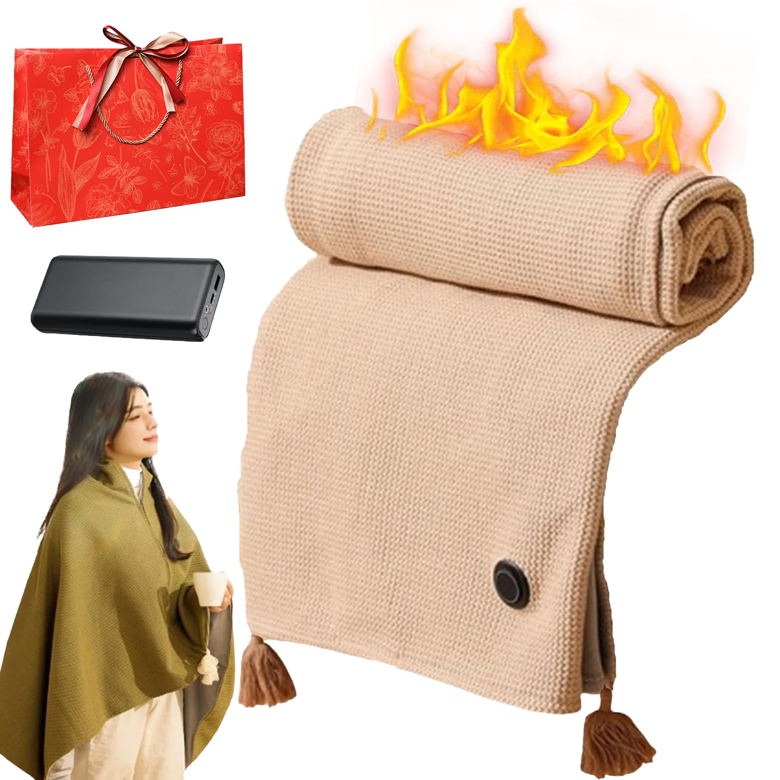 Qosneoun Portable Heated Shawl, Heated Shawl for Women, Rechargeable Heated Blanket, Cordless Wearable Electric Blanket, USB Powered, 15s Quick Heating, for Office, Nap (Beige, With power bank)