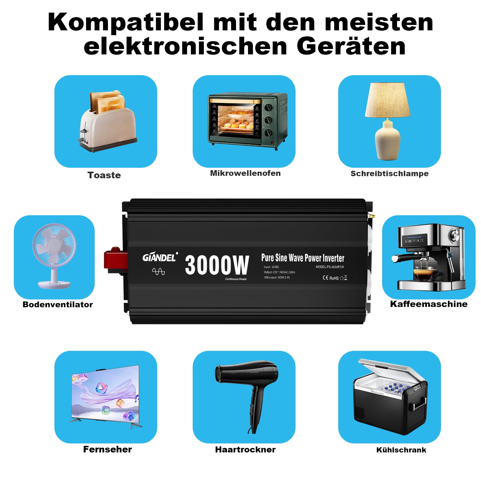 GIANDEL 3000W Wechselrichter 12V auf 230V Reiner Sinus Spannungswandler Kompatibel mit LiFePO4 Power Inverter mit Fernbedienung und USB Anschlüsse für Wohnmobil LKW Wohnwagen Camping