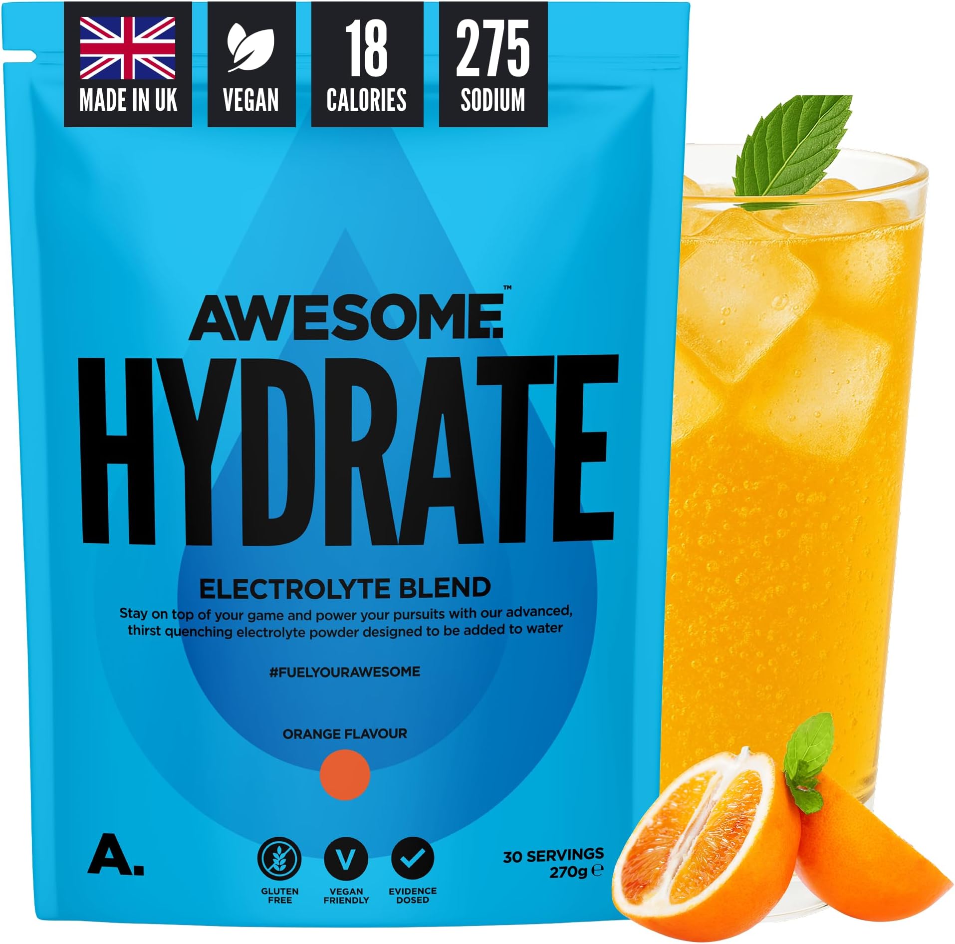 Awesome Supplements - Awesome Hydrate Orange - 250g Instant Electrolytes & Hydration - Low Calorie, Vegan & Gluten-Free