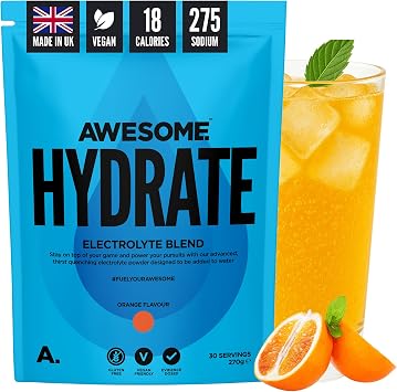 Awesome Hydrate   Vegan Electrolytes Powder   270g Instant Electrolytes Powder   Sodium, Zero Calorie, Potassium Supplements   Vegan & Gluten-Free Hydration Supplement   Orange Flavour, 270g