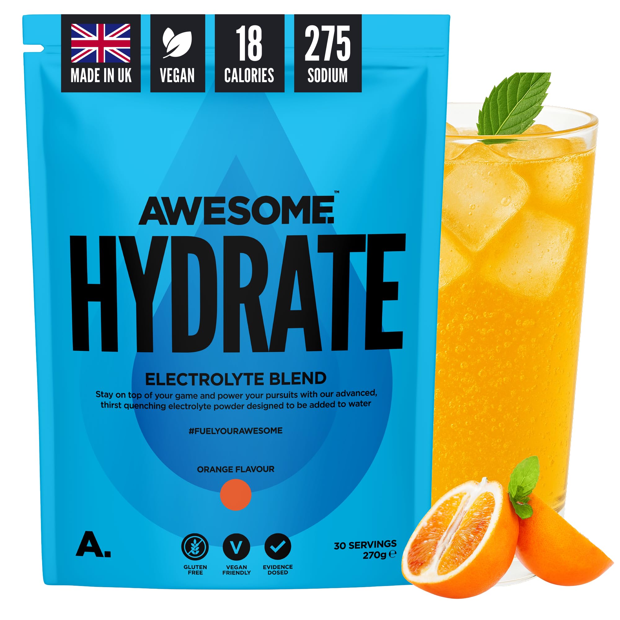 Awesome Hydrate – Vegan Electrolytes Powder – 270g Instant Electrolytes Powder – Sodium, Zero Calorie, Potassium Supplements – Vegan & Gluten-Free Hydration Supplement – (Orange Flavour, 270g)