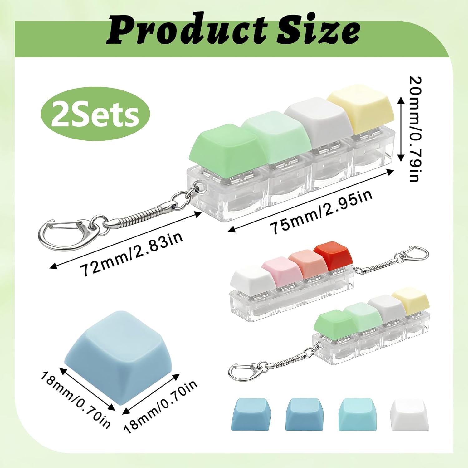 2 Pcs Keyboard Fidget Toy Fidget Clicker Keychain Set Red Green White Button Stress Relief Gifts for Adults Office Decompression Toys Keyboard Fidget Toy for Anxiety Focus Portable Keyring
