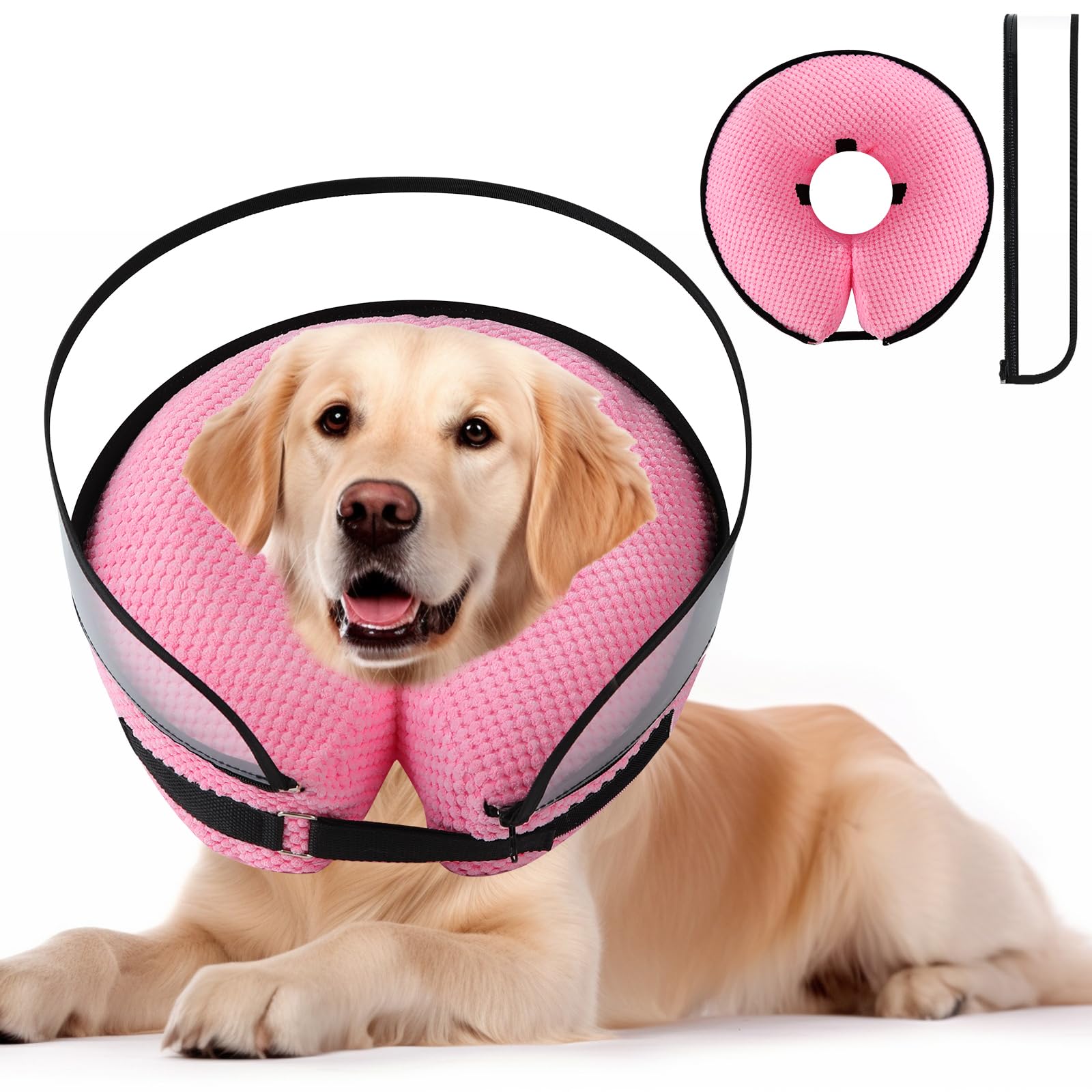 Photo 1 of 2-in-1 Soft Inflatable Dog Cone Collar Alternative with Enhanced Anti-Licking Guard Shield, Dog Collar After Surgery, Adjustable Recovery Cones for Large Medium Small Dogs and Cats (Pink,M)