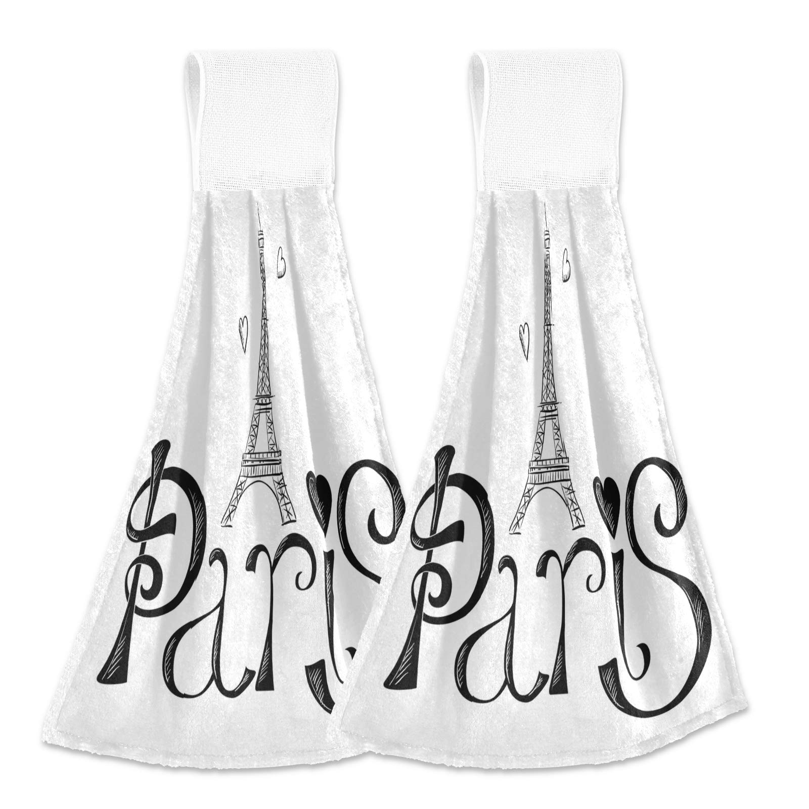 HMZXZ Pars Eiffel Tower Heart Grey Hanging Hand Towels Kitchen 2pcs Tie Towel Absorbent Soft Coral Velvet Dish Wipe Cloth with Loop for Kitchen Bathroom Washcloth Home Decor
