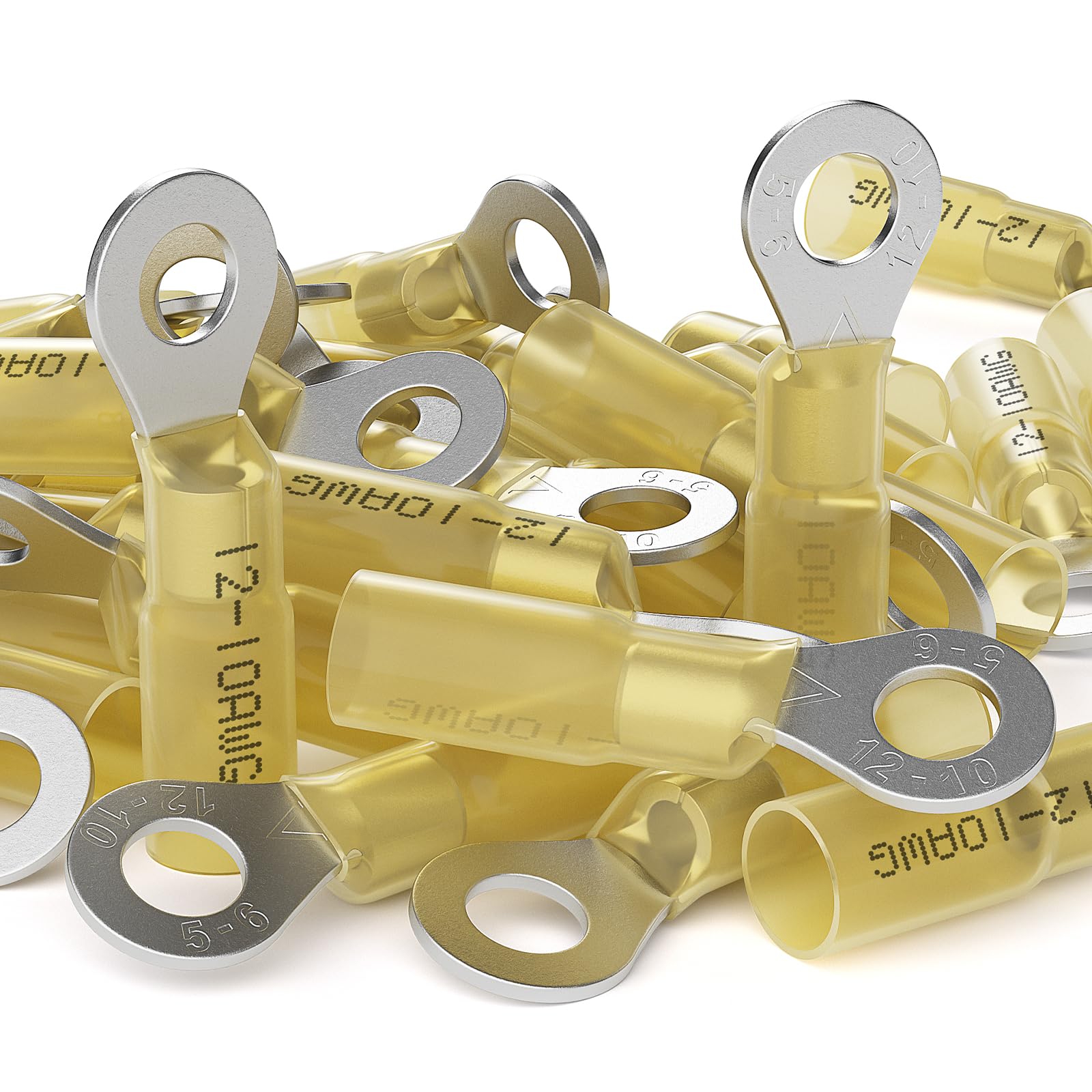 AIRIC 12-10 AWG - 1/4" Heat Shrink Ring Terminals, Copper Terminal Connector Ends, Battery Cable End Lugs, Yellow Insulated Electrical Crimp Wiring Connectors, Wire Lug for 12, 10 Gauge Wires, 50 PCS