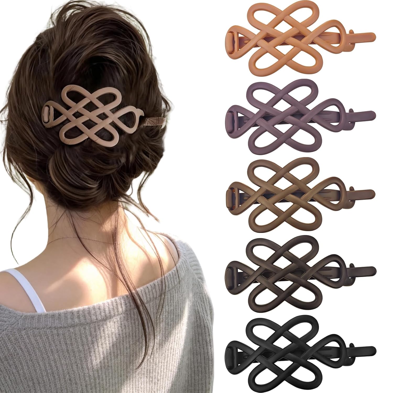 5Pcs Vintage Banana Hair Clips for Women, French Twist Hair Barrettes with Elegant Chinese Knot Design, Large Flat Hair Claws for Thick Hair, Matte Styling Accessories for Buns & Updos
