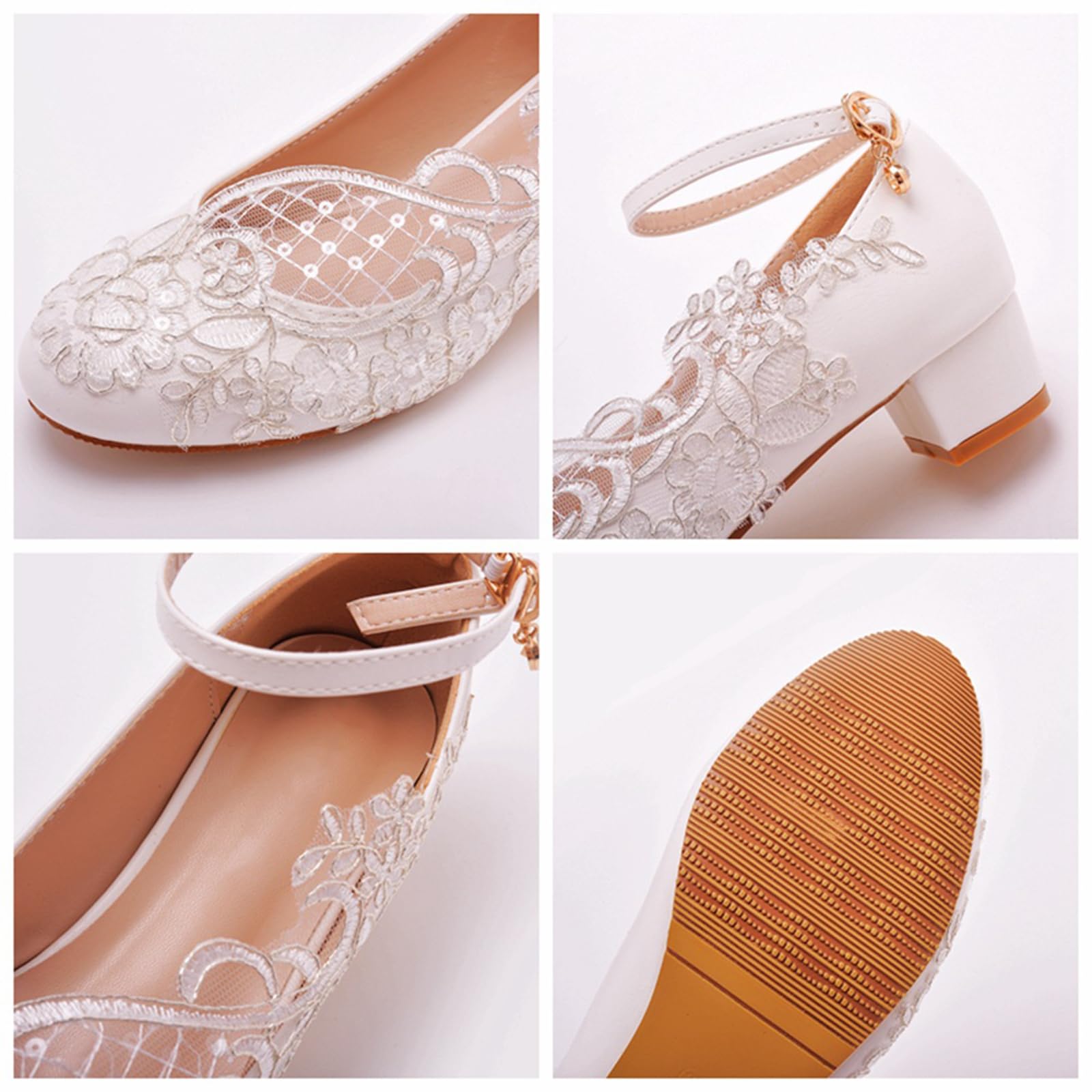 Damen Brautschuhe, 3 cm große Prinzessinnen-Pumps aus Netzstoff mit Spitzenblumen und runder Zehenpartie, Hochzeitsfeier, Geburtstag, Abend, Alltag, Büro, Brautsandalen