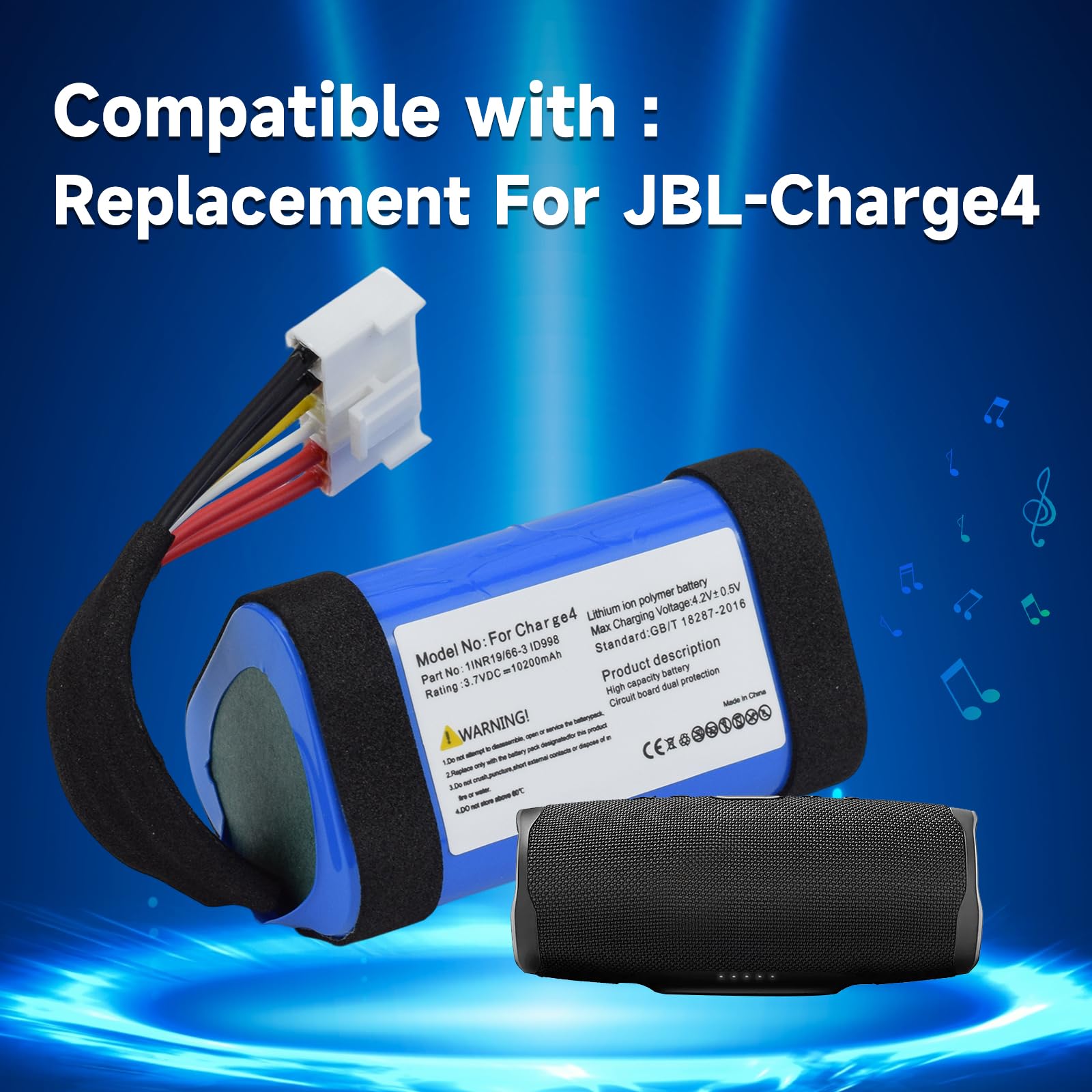 CITYORK Batterie Li-ION 3,7 V 10200 mAh pour JBL Charge 4, 4J,4BLK, Compatible avec Charge 4BLUAM, P/N ID998, SUN-INTE-118, 1INR19/66-3