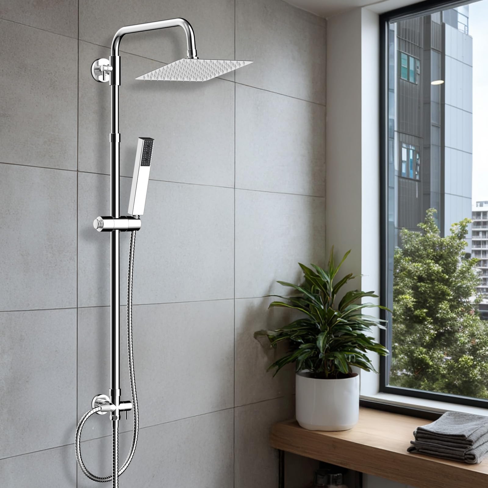 Hibbent Set de Ducha de Lluvia en Metal con Mano 4 Modos, Altura Ajustable, Kit sin Grifería, Válvula de Desvío en Latón, Cromado